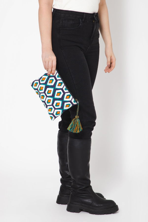 Vismaya Pentagon Embroidered Travel Pouch - Blue Cyan