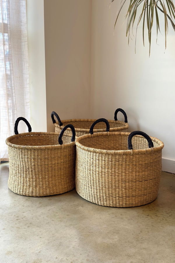 Mbare Handwoven Short Hampers with Leather Handles, Set of 3 - Natural