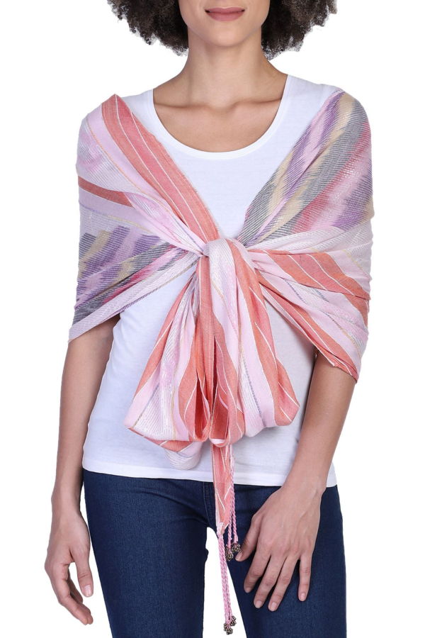 Vismaya Shimmer Stripe Tassel Scarf - Pink