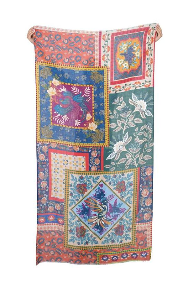 Vismaya Songbird Rectangle Wool Scarf - Beige Orange