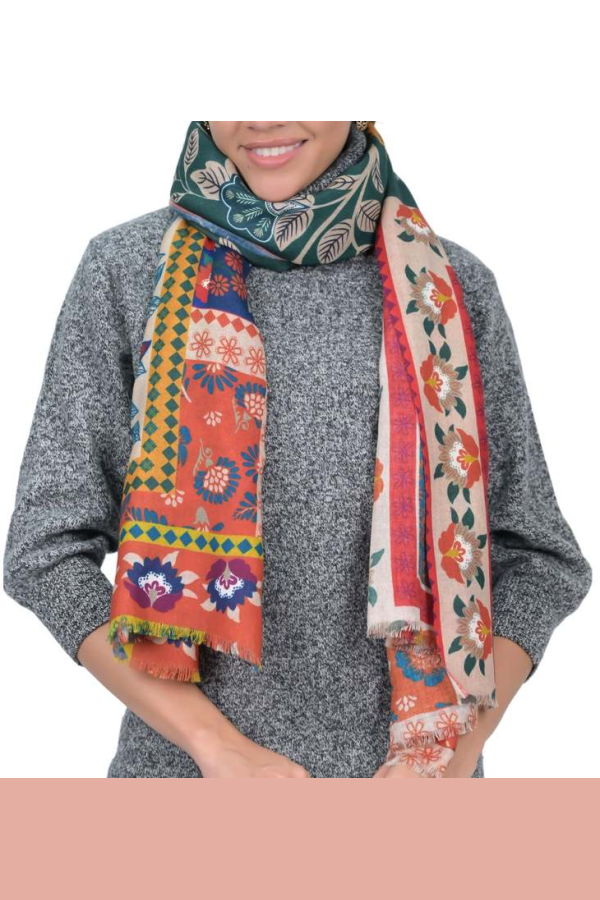 Vismaya Songbird Rectangle Wool Scarf - Beige Orange