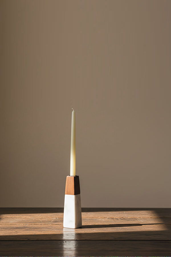 Mela Artisans Tapered White Marble & Acacia Sculptural Candle Holder