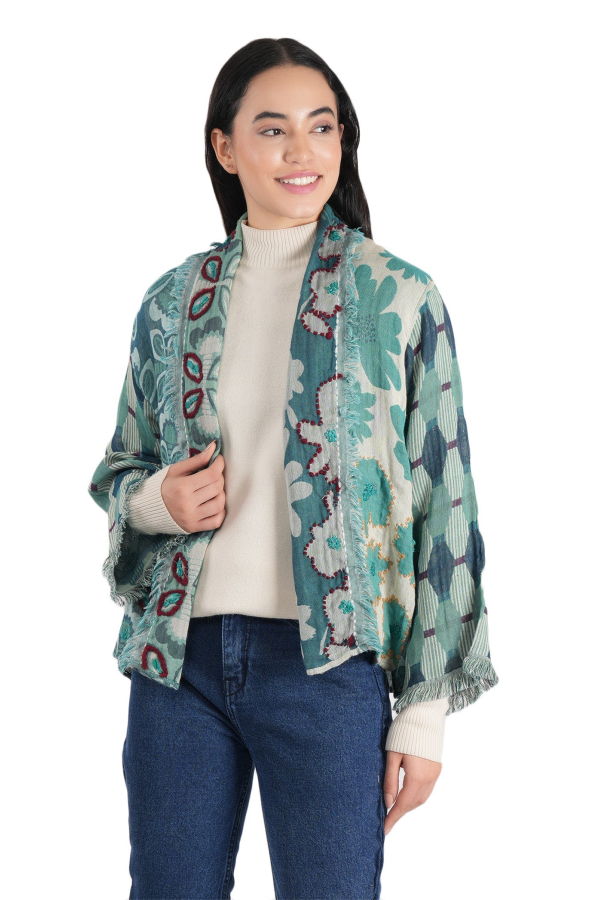 Vismaya Textura Floral Kimono Jacket - Dusty Teal