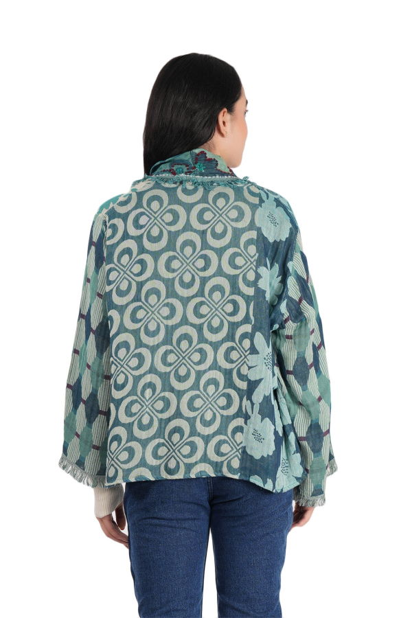 Vismaya Textura Floral Kimono Jacket - Dusty Teal