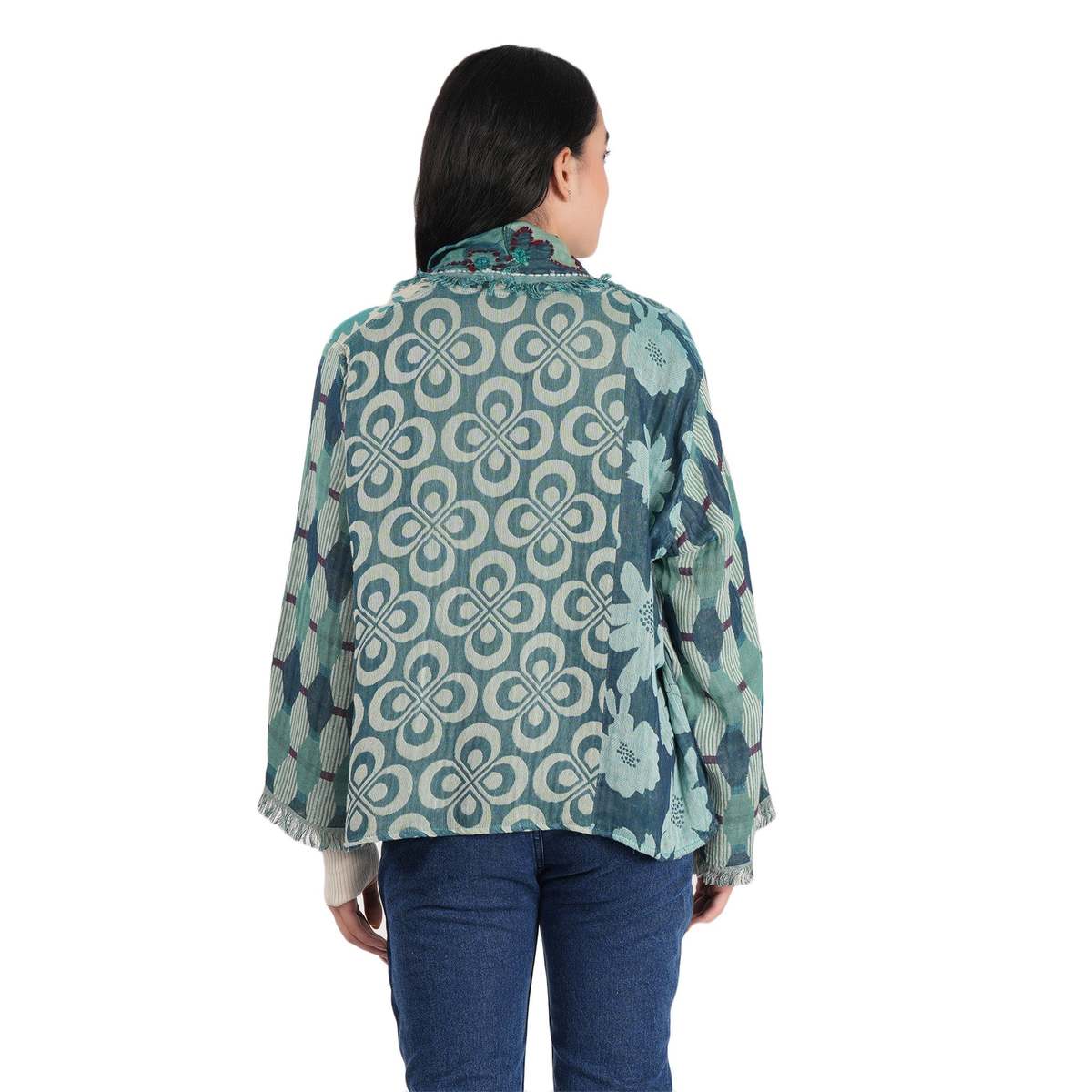 Vismaya Textura Floral Kimono Jacket - Dusty Teal - Image 2 of 4
