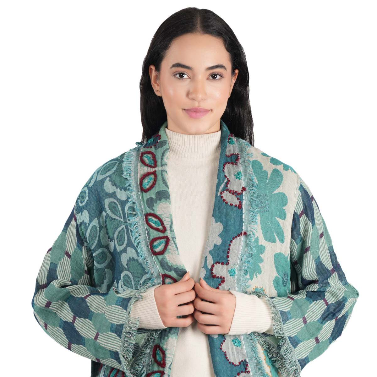 Vismaya Textura Floral Kimono Jacket - Dusty Teal - Image 3 of 4