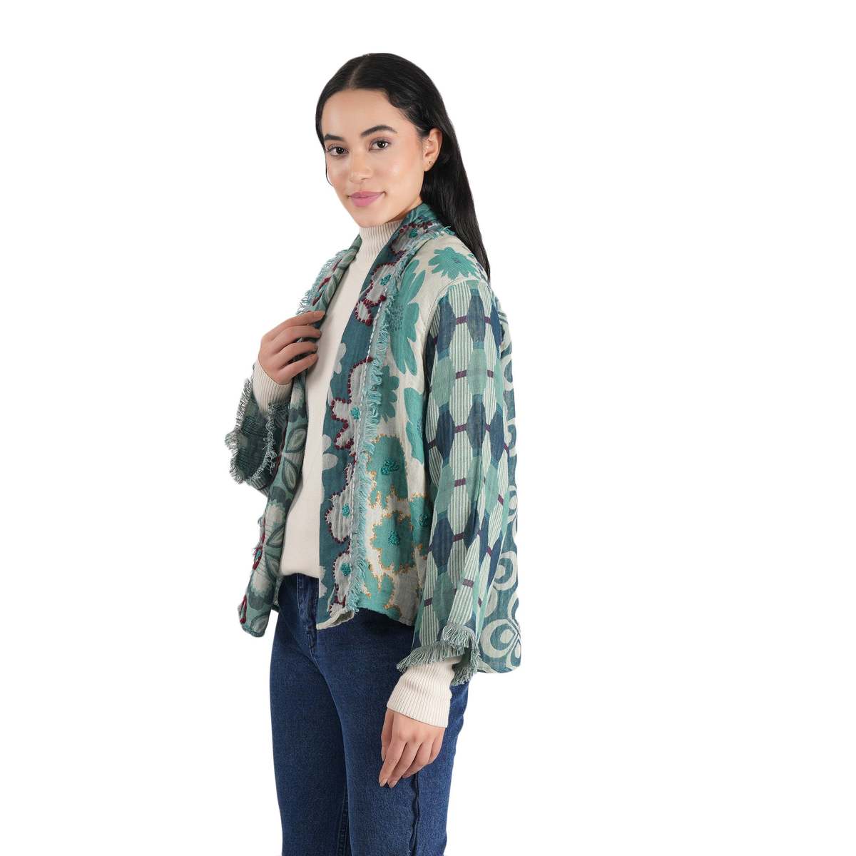 Vismaya Textura Floral Kimono Jacket - Dusty Teal - Image 4 of 4