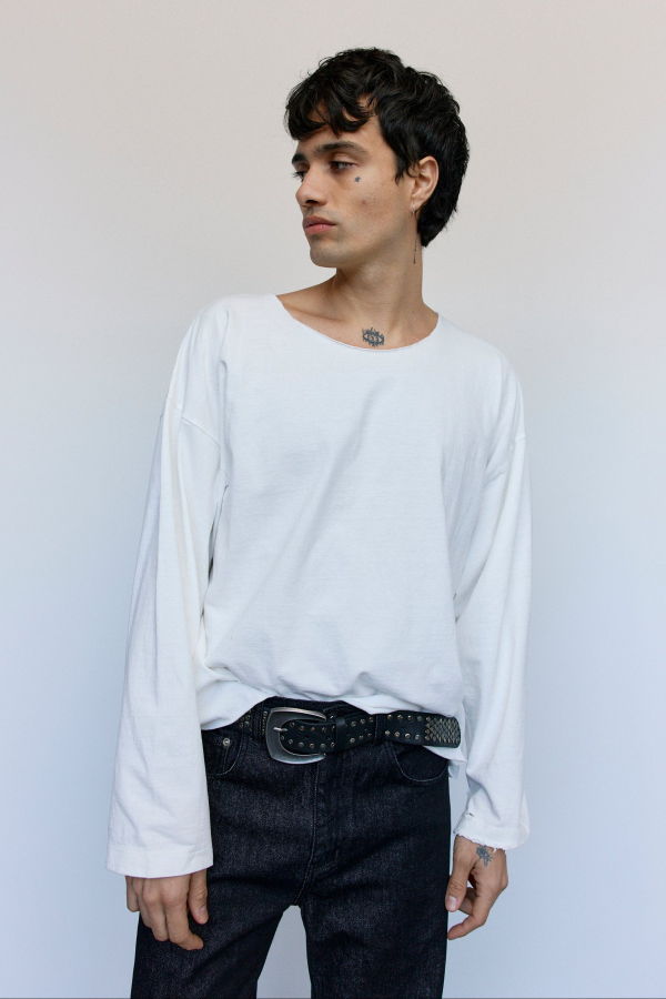 SECOND/LAYER Vintage White Cotton Thrasher LS Tee