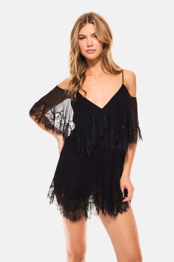 LoveShackFancy Selune Silk Lace-Trimmed Mini Dress - Black