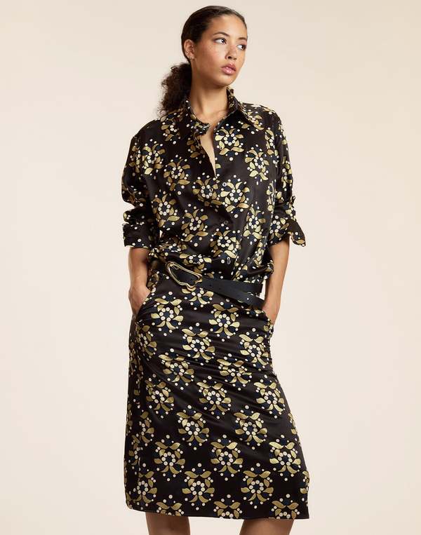 Cynthia Rowley Gold Filigree Silk Wool Midi Skirt - Black/Gold