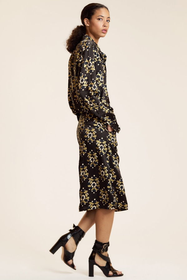 Cynthia Rowley Gold Filigree Silk Wool Midi Skirt - Black/Gold