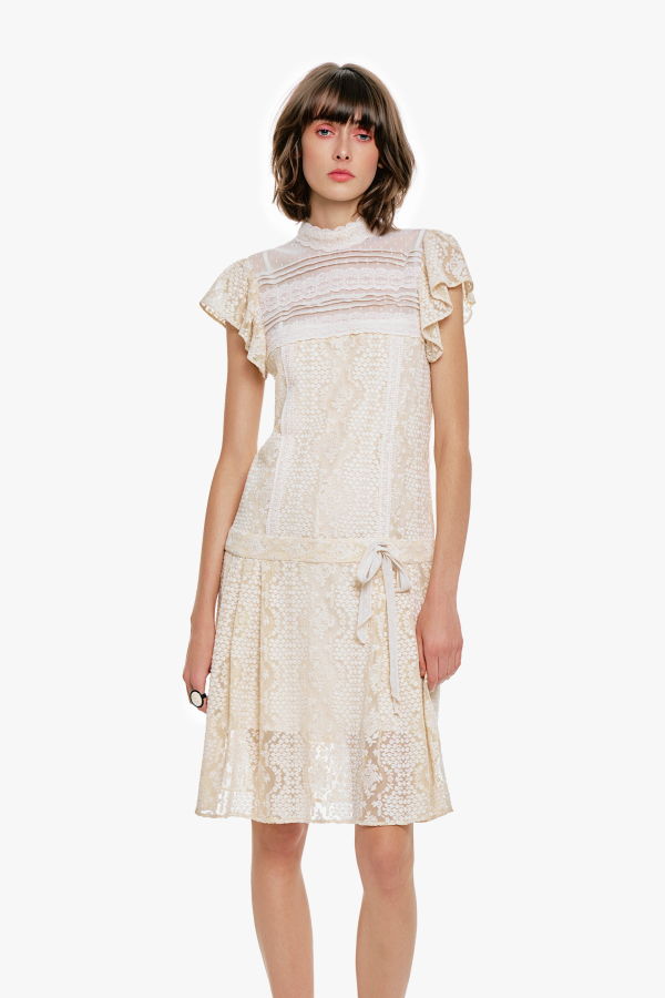 Anna Sui Victorian Lace Combo Drop Waist Dress - Ivory