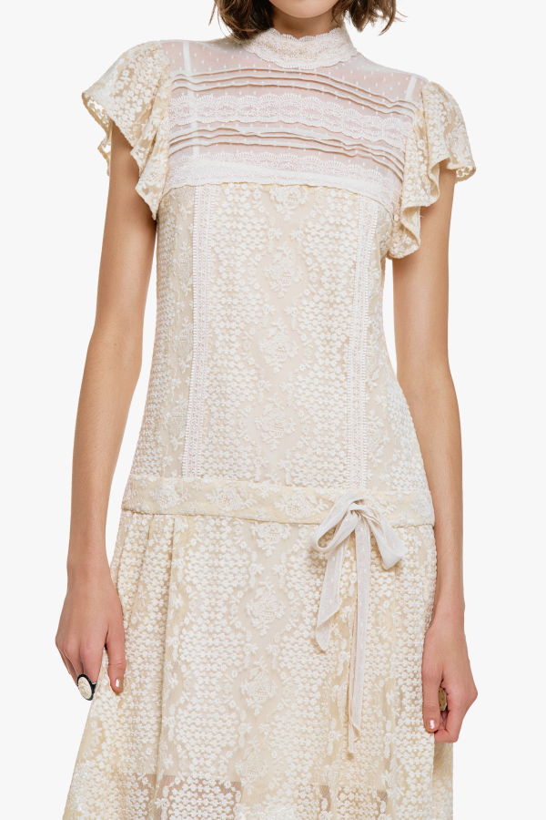 Anna Sui Victorian Lace Combo Drop Waist Dress - Ivory