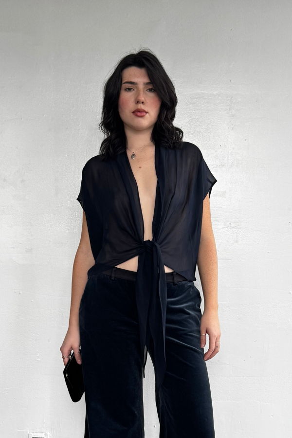 Vintage Navy Silk Chiffon Wrap Top