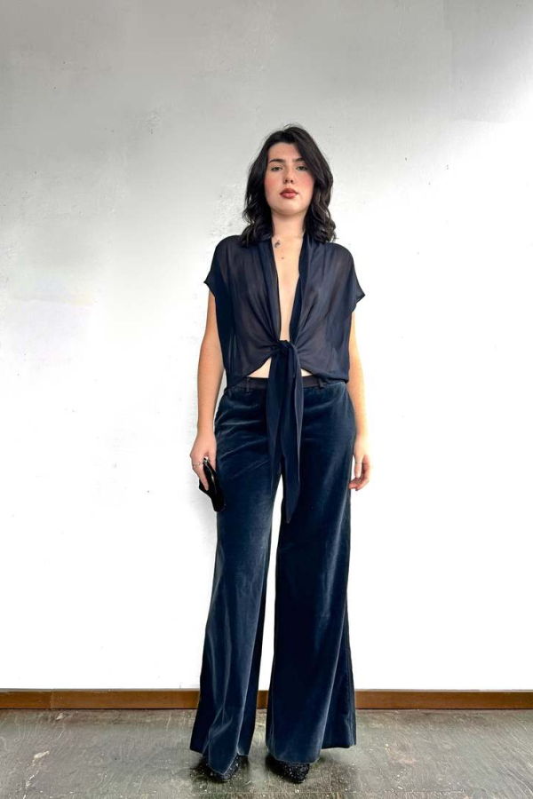 Vintage Navy Velvet Wide Leg Pants