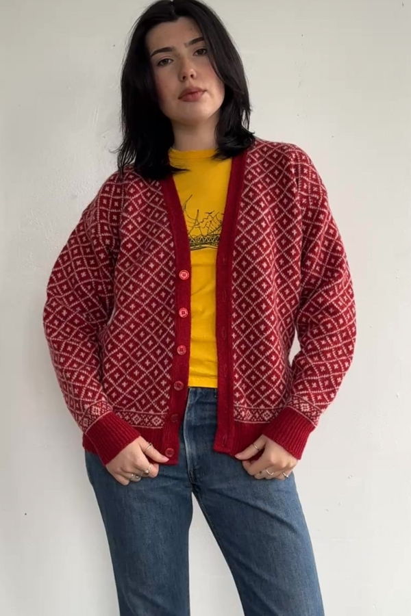 Vintage Red Wool Pattern Cardigan Sweater