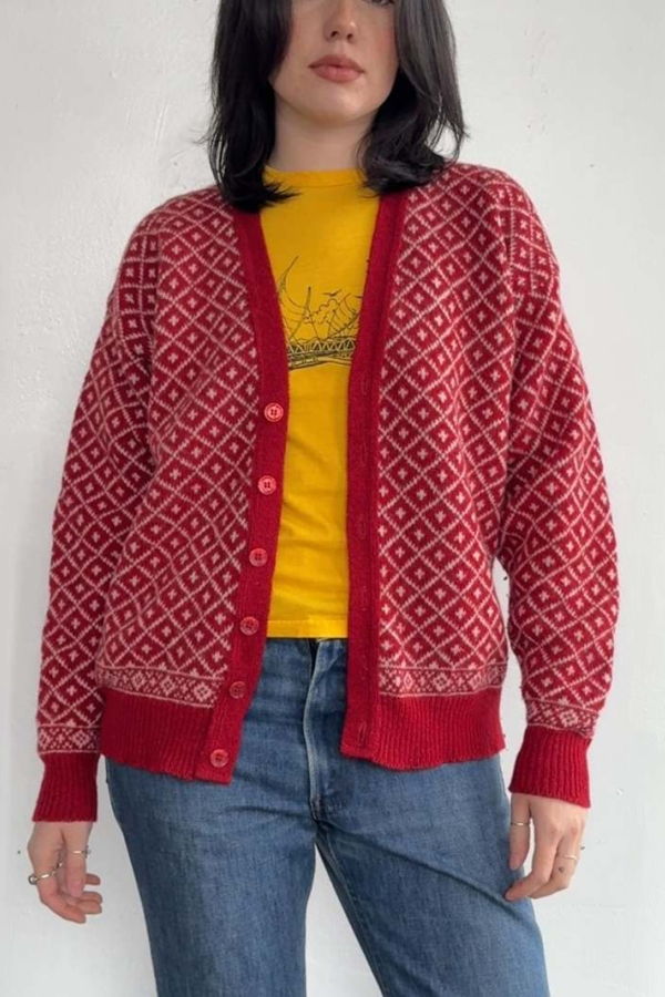 Vintage Red Wool Pattern Cardigan Sweater