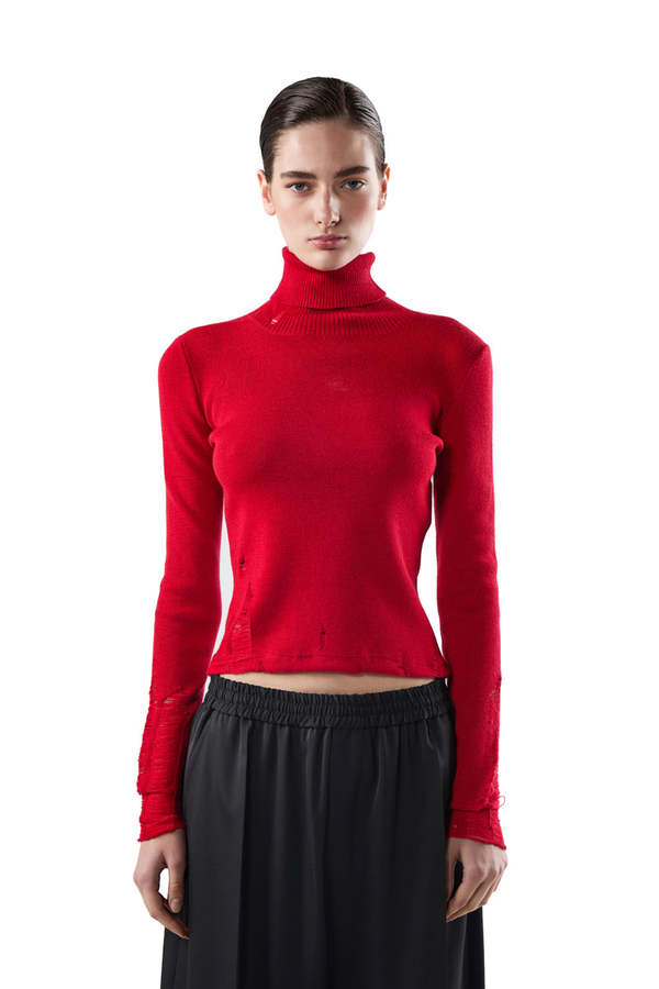 MM6 Maison Margiela Distressed Wool Sweater - Red | Garmentory