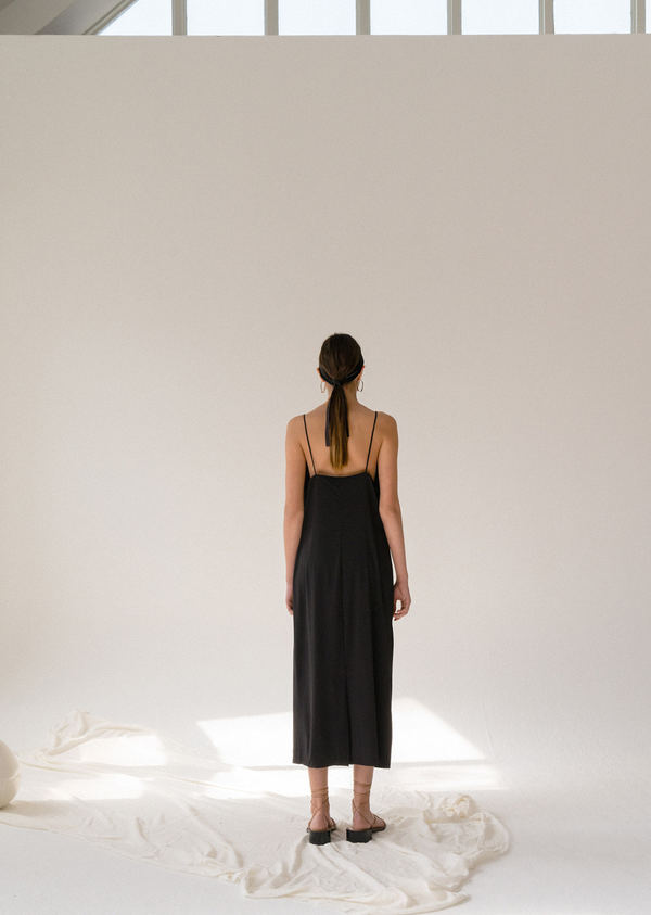 knee length dresses for ladies Black Lace Cut-out Long Silk Slip Dress main image 1