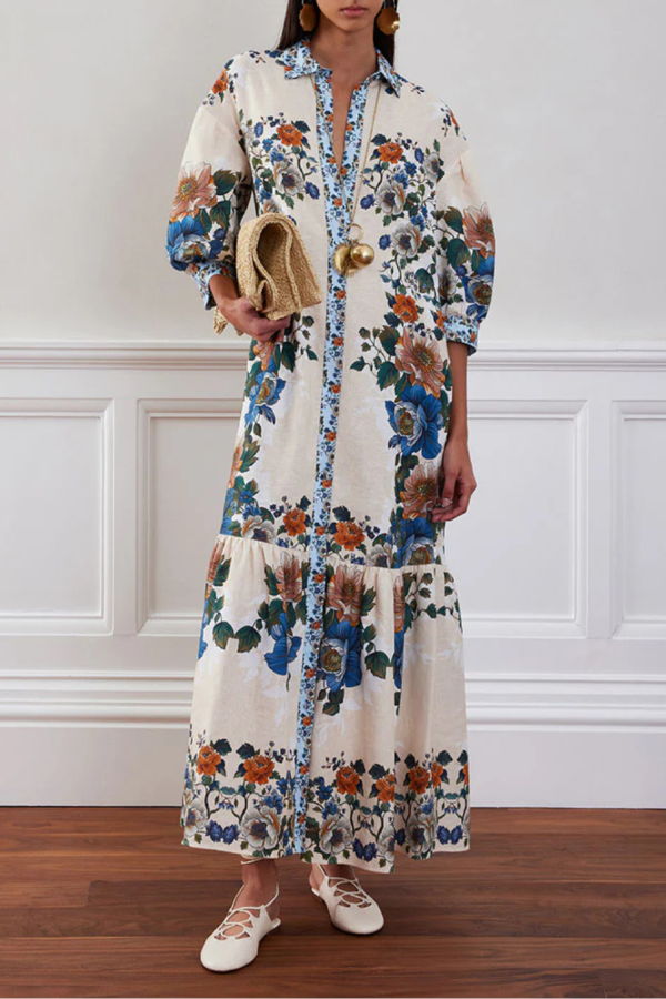 Borgo de Nor Bianca Linen Dress - Magical Blossom Cream