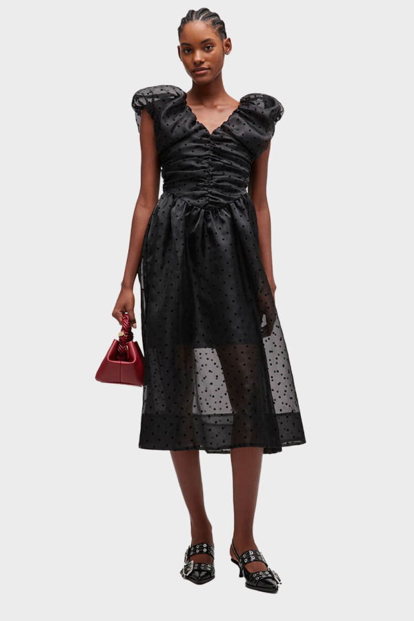 Ganni Organza Ruched Dress - Black