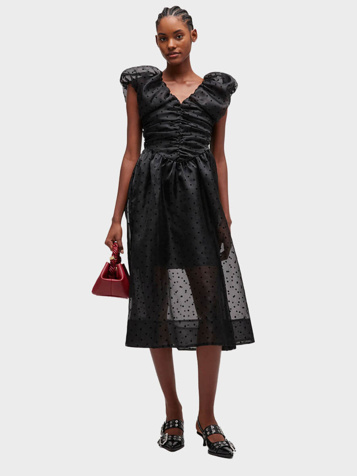 Ganni Organza Ruched Dress - Black - Image 2 of 5