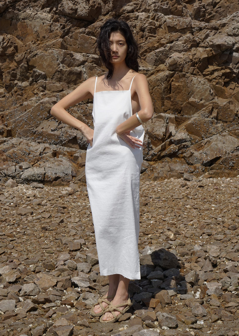 knee length dresses for ladies Blue Midi Linen Apron Dress 4202 – Xiaolizi main image 1