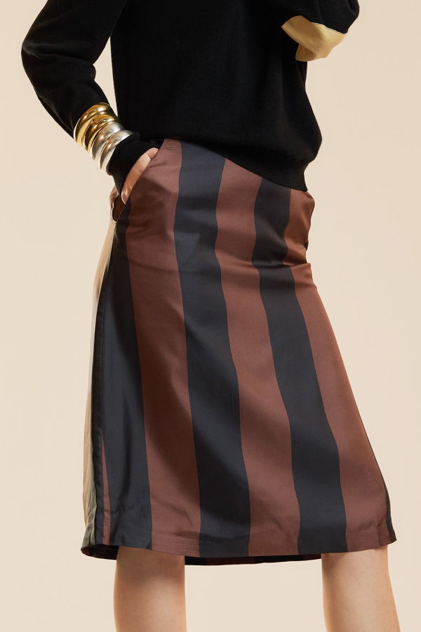 Cynthia Rowley Stripe Collectible Silk Skirt - Black/Brown