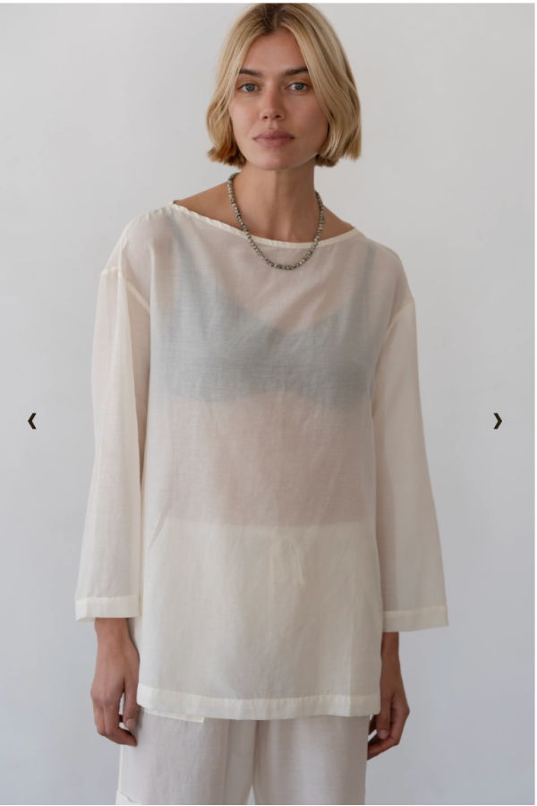 Donni. The Silk Cotton Sheer Boatneck Top - Creme
