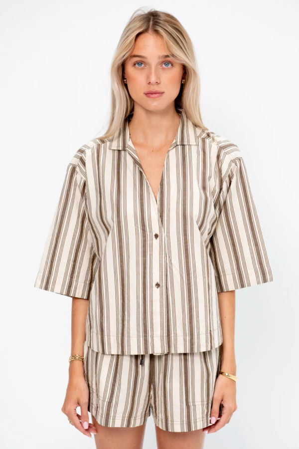 Apiece Apart Terrasini Button Up Shirt - Wide Stripes Coffee + Cream