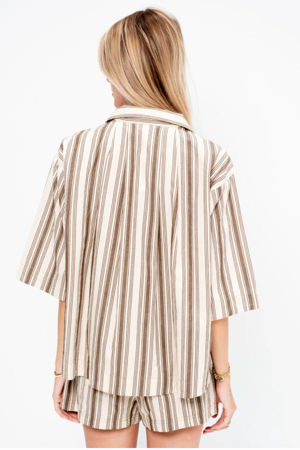 Apiece Apart Terrasini Button Up Shirt - Wide Stripes Coffee + Cream