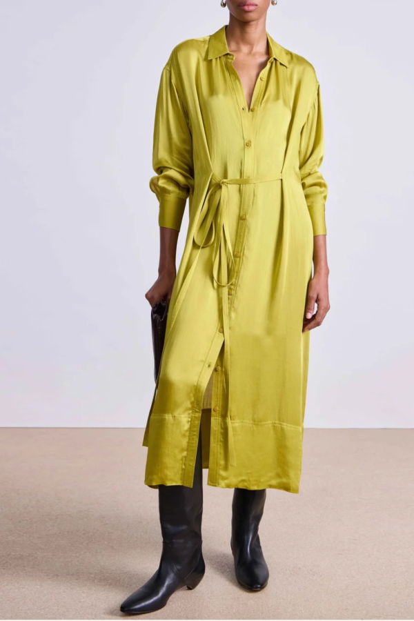 Apiece Apart Beni Cinched Tie Shirt Dress - Avocado