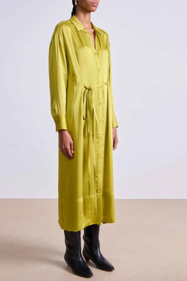 Apiece Apart Beni Cinched Tie Shirt Dress - Avocado