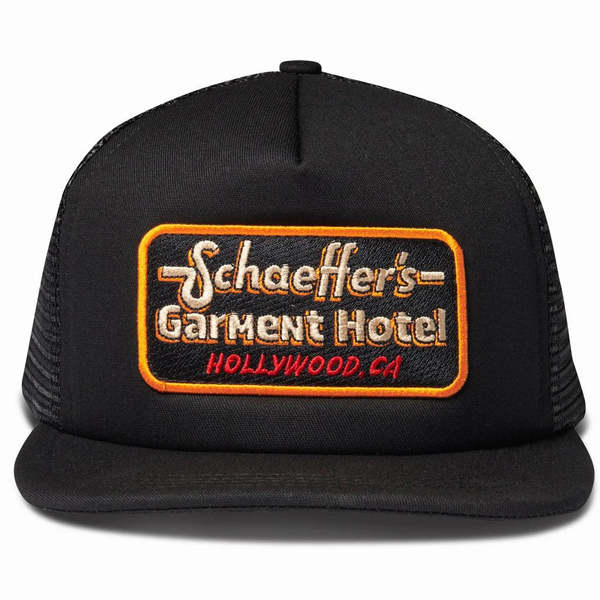 SCHAEFFER'S GARMENT HOTEL Orange Label Trucker Hat - Black SCHAEFFER'S GARMENT HOTEL Orange Label Trucker Hat - Black