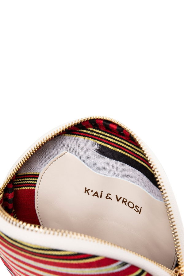 K'ai & Vrosi Genuine Leather & Striped Fabric Pattern Crossbody Bag - Beige