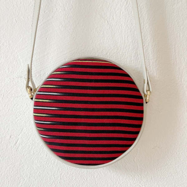 K'ai & Vrosi Genuine Leather & Striped Fabric Pattern Crossbody Bag - Beige