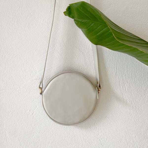 K'ai & Vrosi Genuine Leather & Striped Fabric Pattern Crossbody Bag - Beige