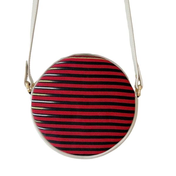 K'ai & Vrosi Genuine Leather & Striped Fabric Pattern Crossbody Bag - Beige