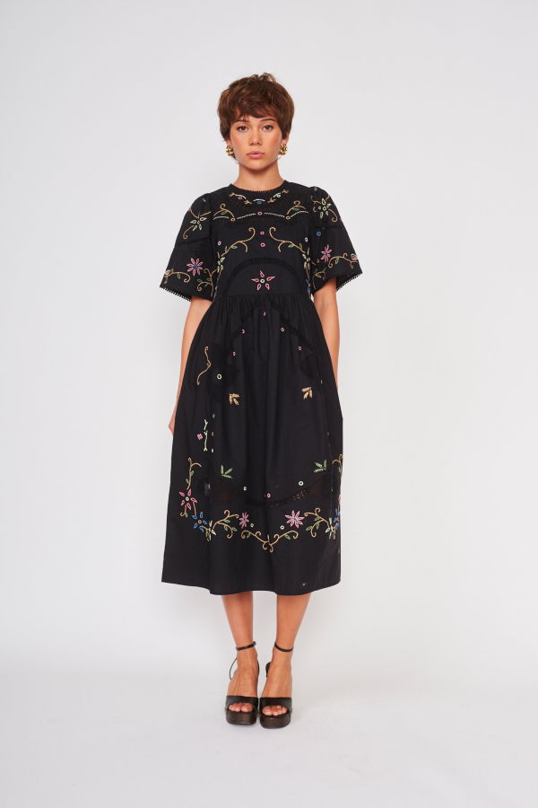 dra Palm Dress - Black Embroider