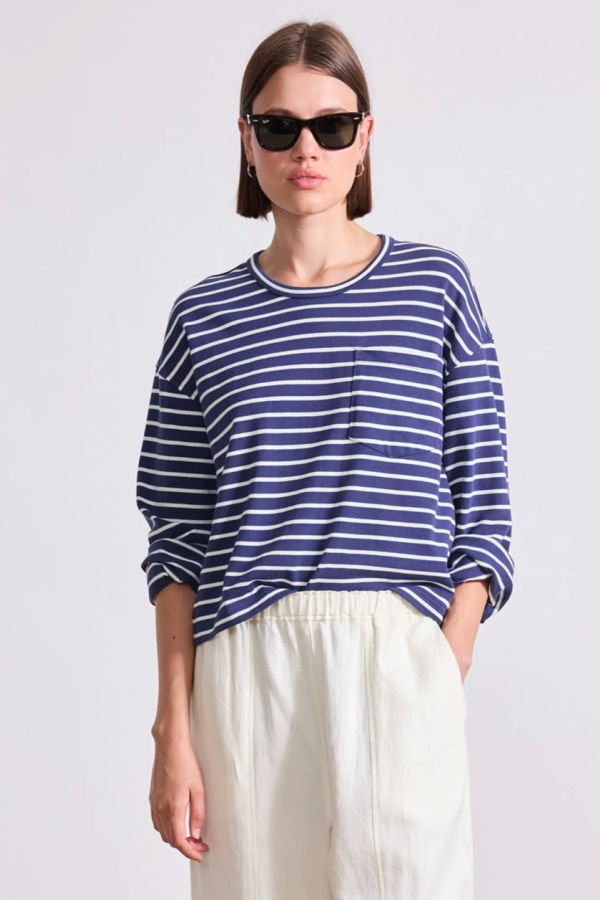 Apiece Apart Boxy Tee - Navy & Cream Stripes