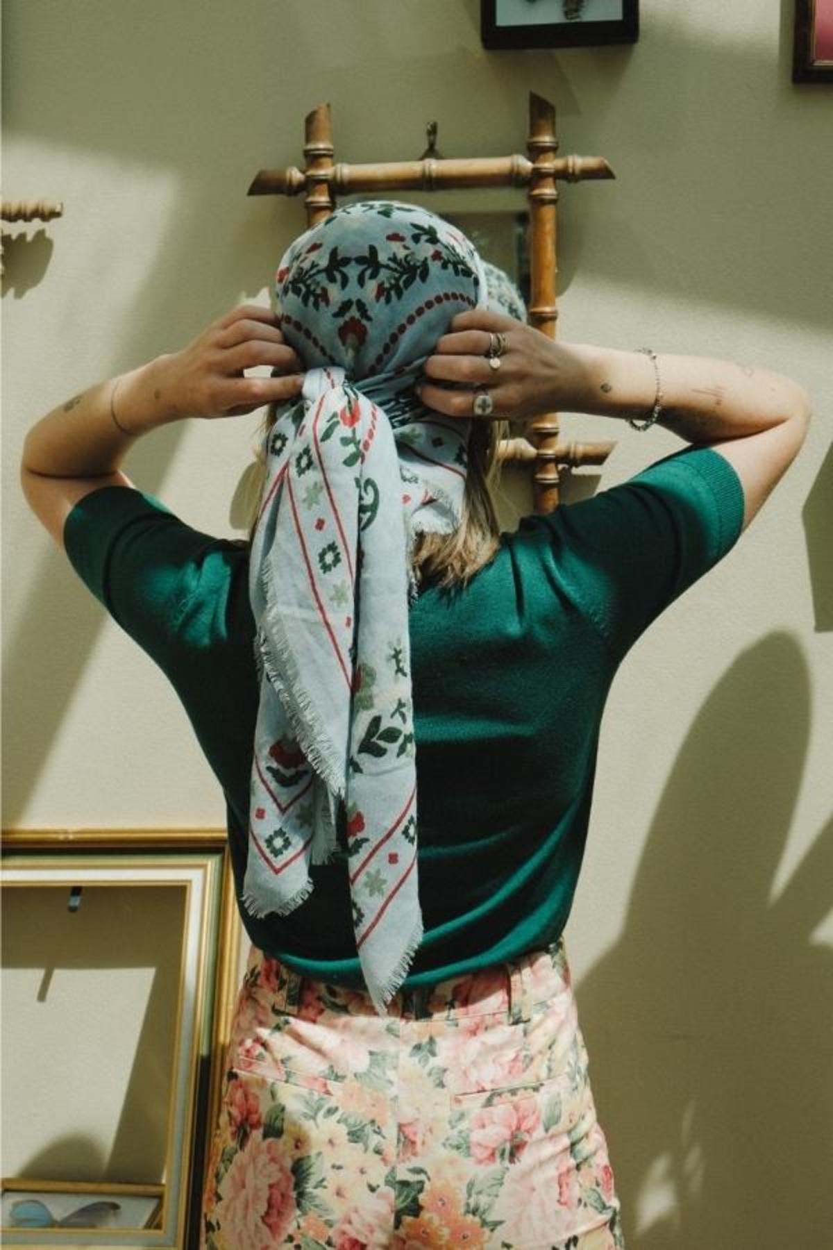 Maison Lecomte Flament Wool Silk Blend Secret Garden Ciel Bandana - Image 2 of 3