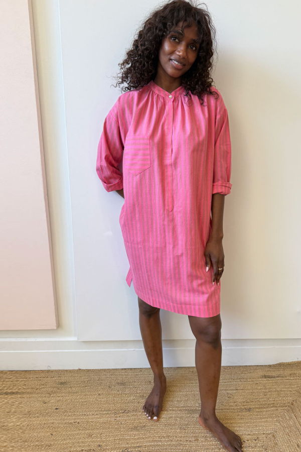 Two Bright Pink Striped Long Sleeve Button Tunic