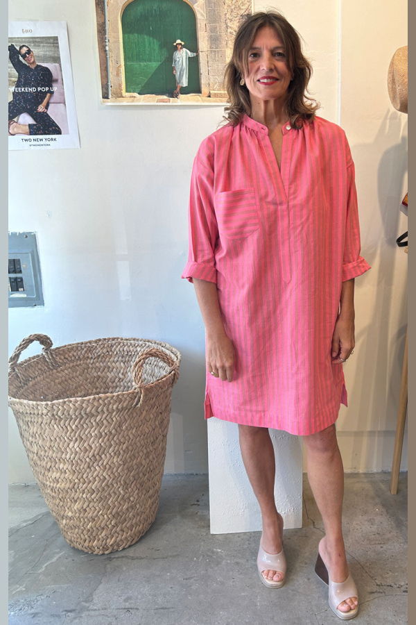 Two Bright Pink Striped Long Sleeve Button Tunic