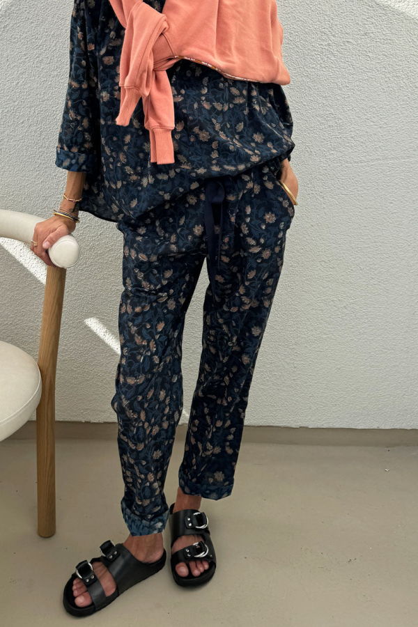 Two Floral Print Drawstring Waist Pant - Indigo and Clay