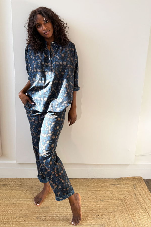 Two Floral Print Drawstring Waist Pant - Indigo and Clay