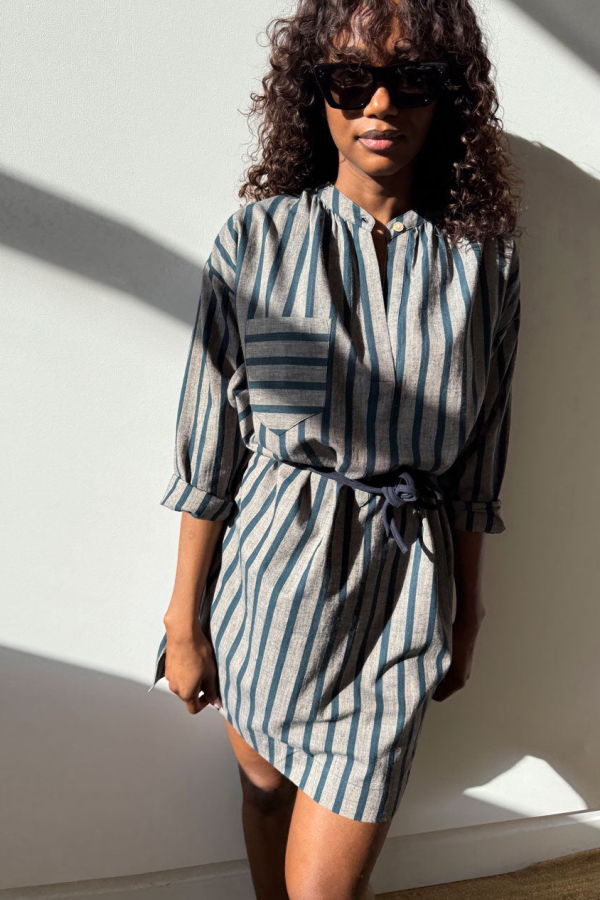 Two Teal/ Peach Striped Long Sleeve Button Tunic