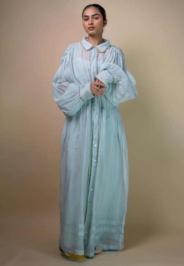 IKKIVI Meadows Chanderi Shirt Dress - Blue