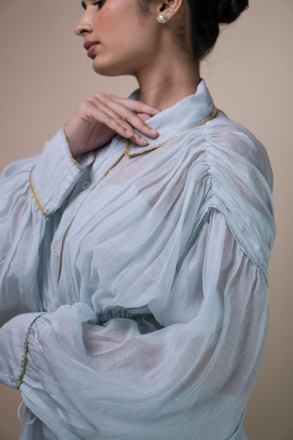 IKKIVI Meadows Chanderi Shirt Dress - Blue