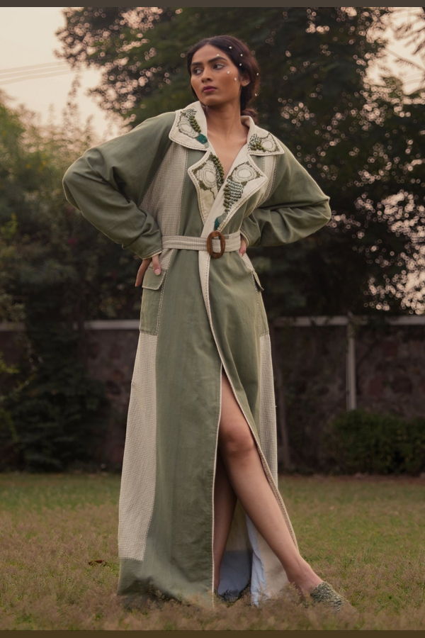 IKKIVI Meadows Unisex Colour Blocked Trench Jacket - Green