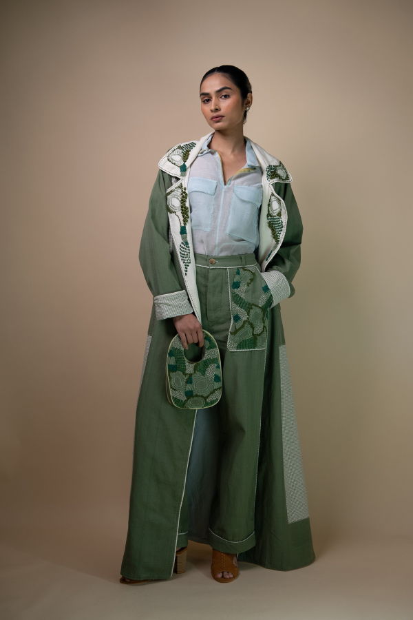 IKKIVI Meadows Unisex Colour Blocked Trench Jacket - Green